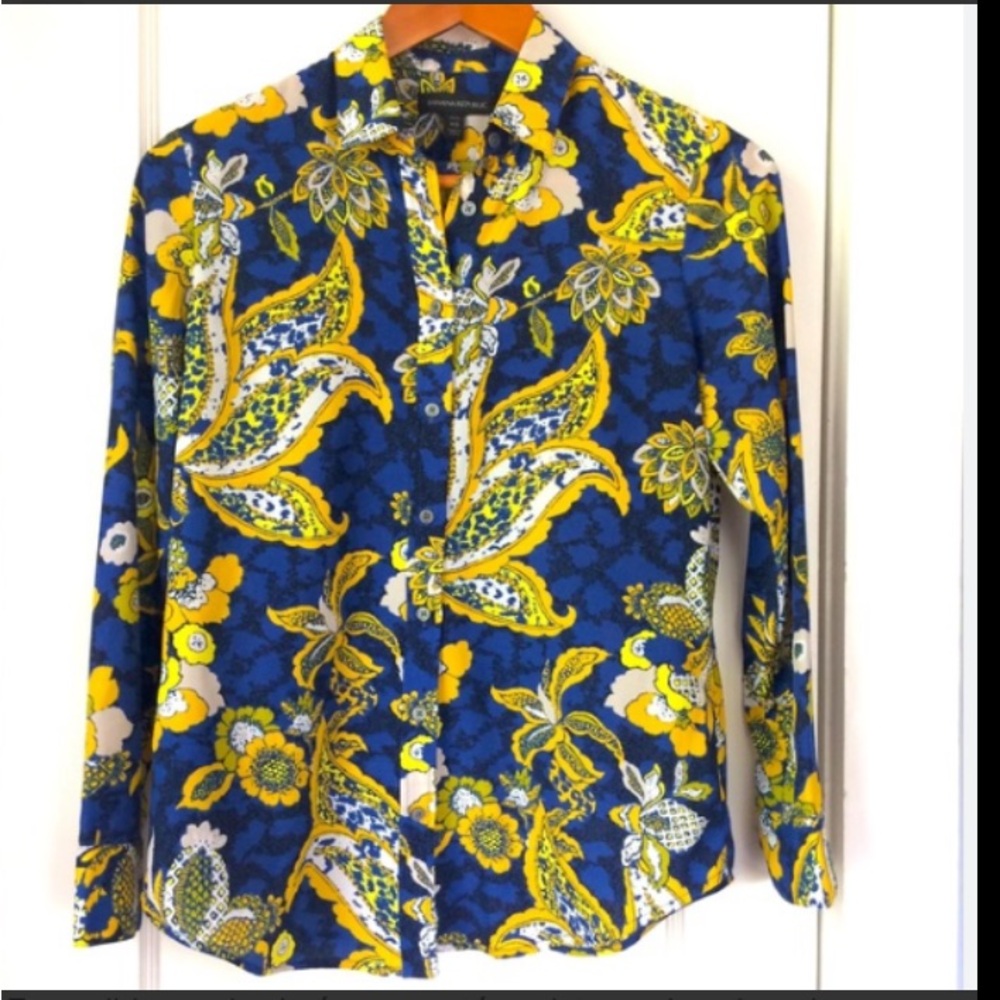 Banana Republic Blue and Yellow Floral Men's Shirt